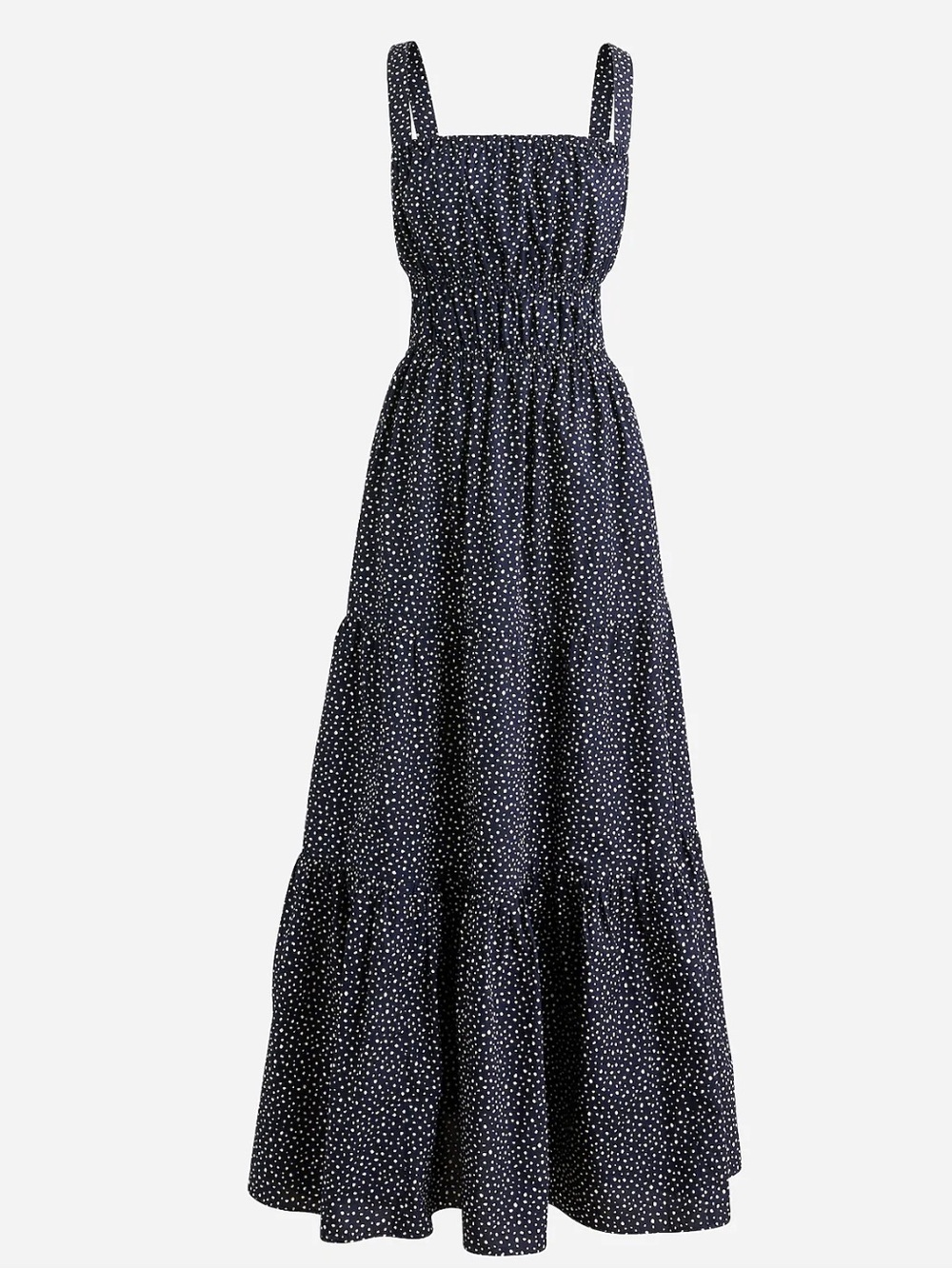 J. Crew Navy Polka Dot Tiered Maxi Dress with Smocked Bodice